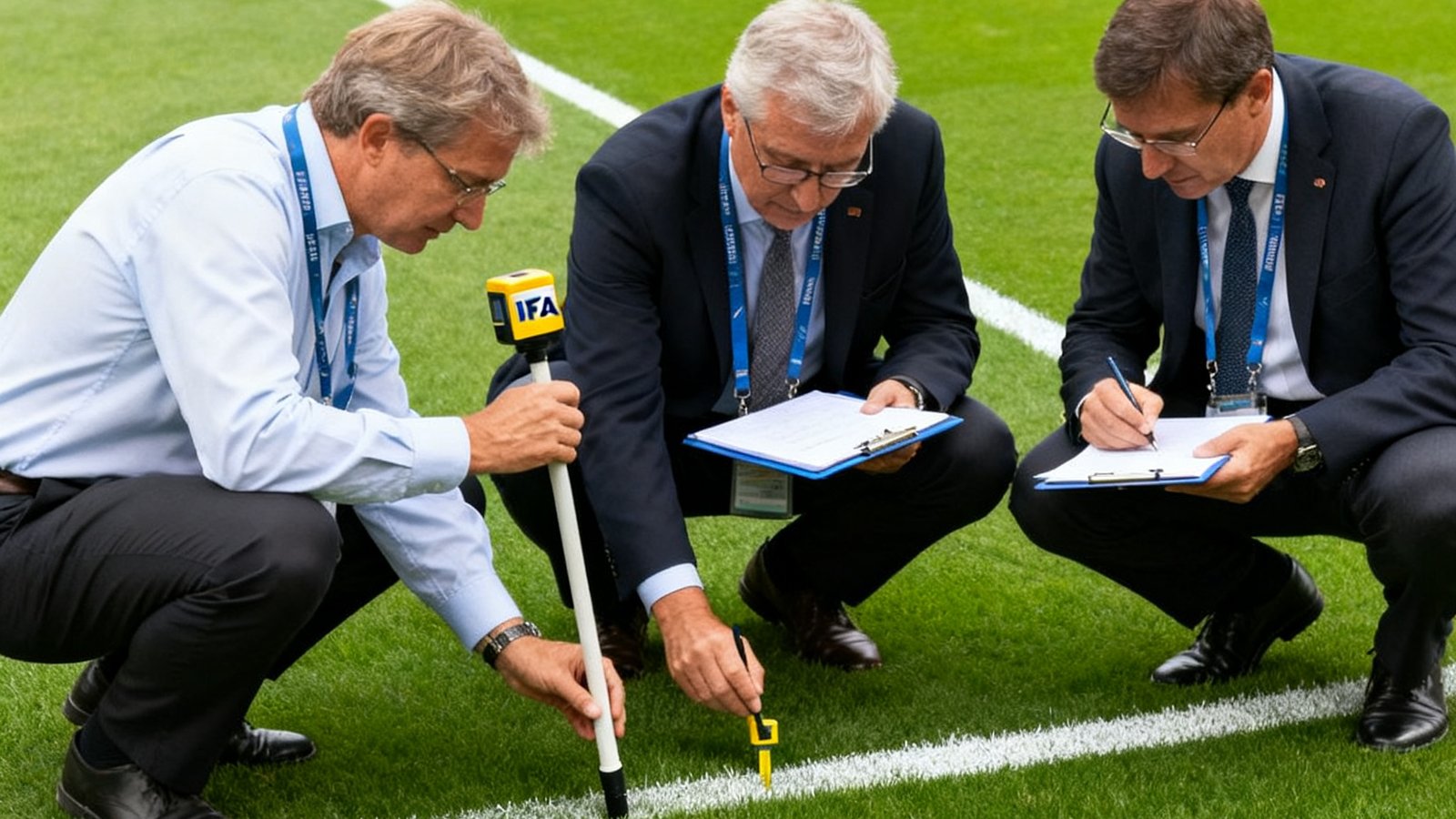FIFA技术检查组在现场考察体育场馆草坪质量的实拍照片