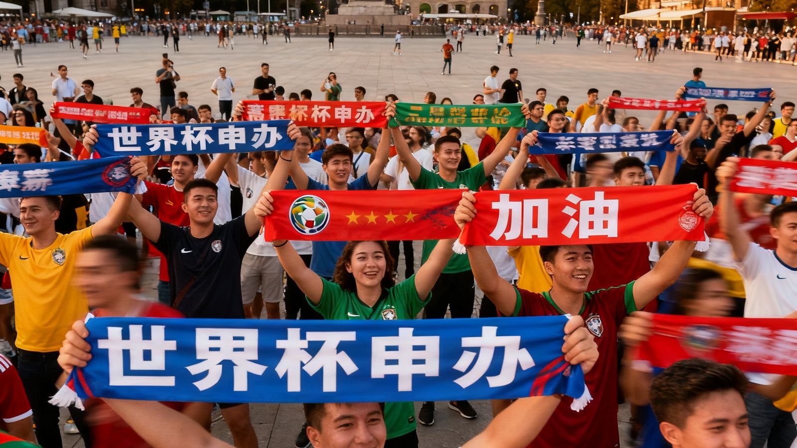 世界杯申办球迷互动社区线下活动现场，数百名热情球迷手持应援横幅聚集在广场上