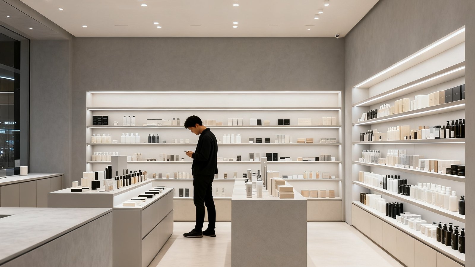 PA集团旗下消费品牌零售门店内部陈列展示，店铺设计现代简约，产品有序摆放，顾客正在选购商品。