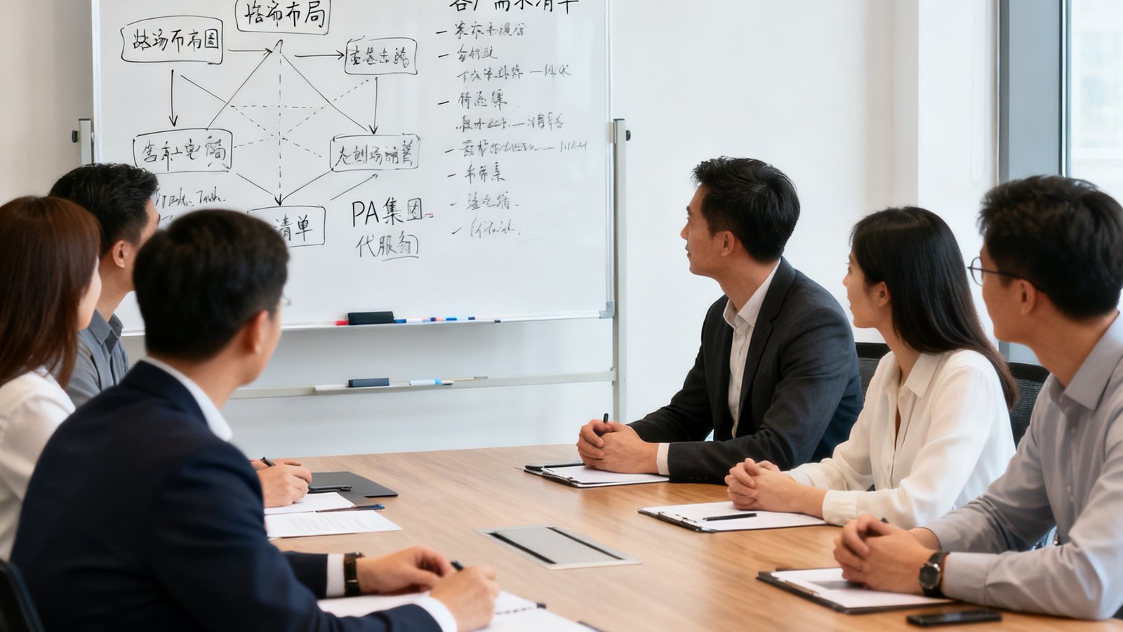 PA集团现代服务团队在会议室与客户进行战略研讨，白板上写满分析框架，参会者专注讨论。
